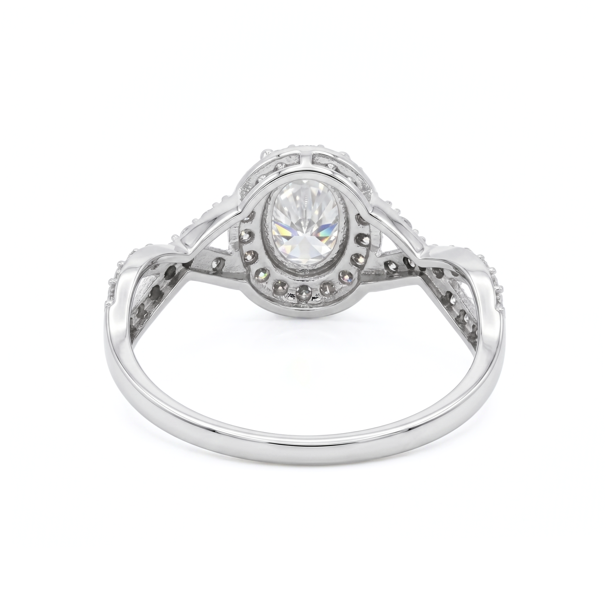 14K White Gold 1CT. Oval-Cut Moissanite Halo and Twisted Shank Engagement Ring