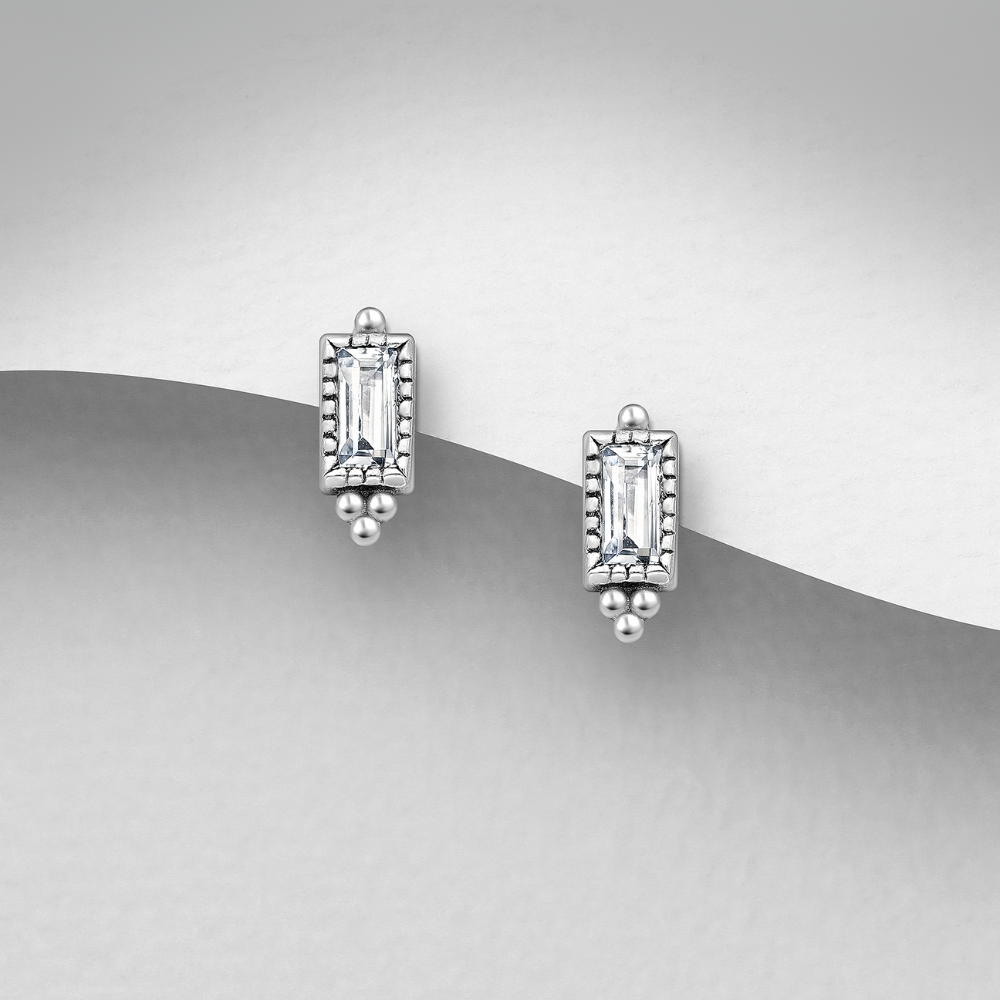 Sterling Silver Rectangular White Topaz Stud Earrings