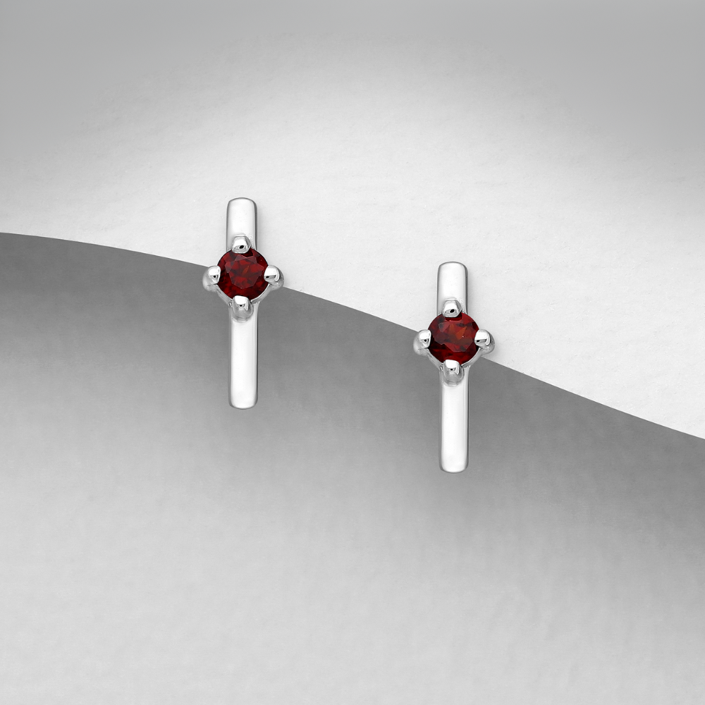 Sterling Silver Mini Bar Stud Earrings with Garnet Accent