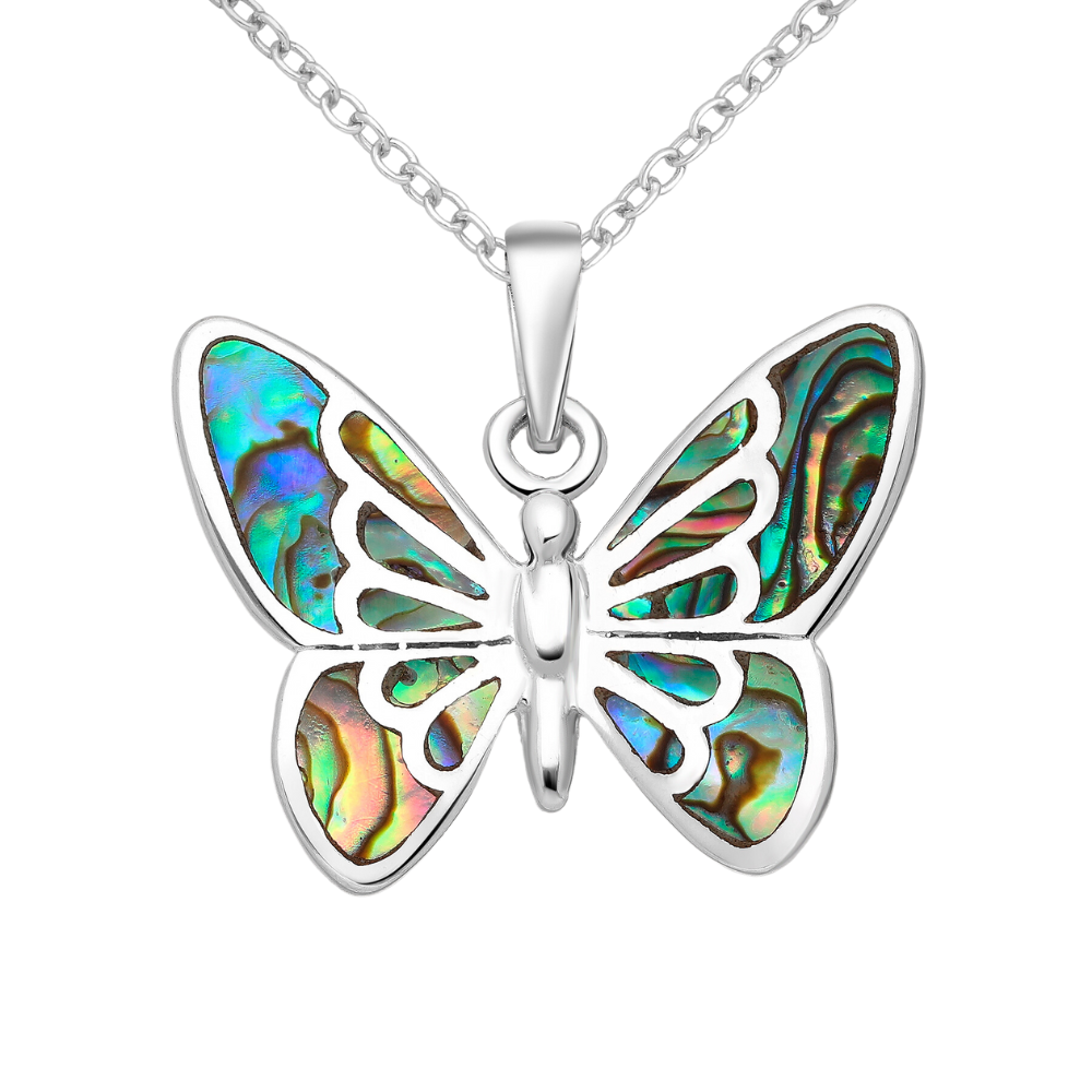 Sterling Silver Abalone Butterfly Pendant Necklace