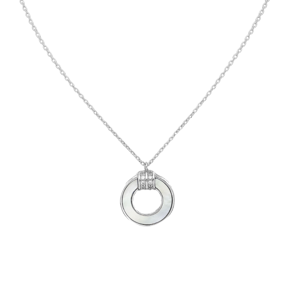 Sterling Silver Shell Open Circle Pendant Necklace with CZ Accents