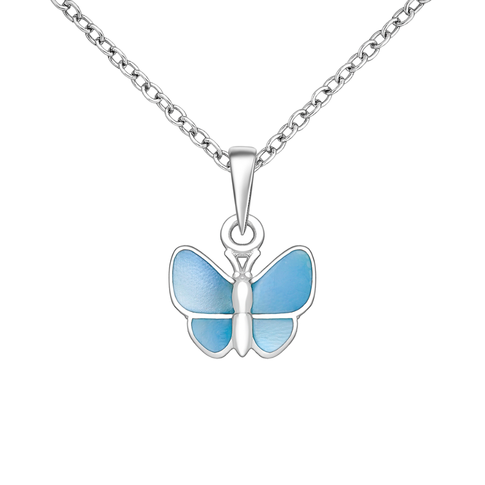 Sterling Silver Butterfly with Dyed Blue Mother of Pearl Inlay Pendant Necklace