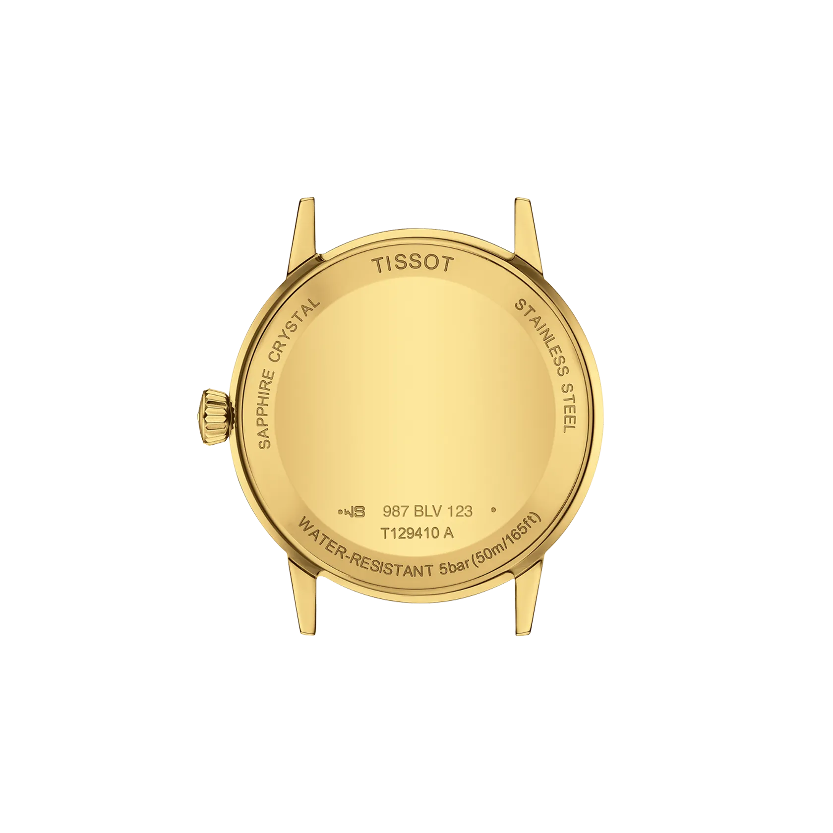 Gold Tissot watch caseback on a white background
