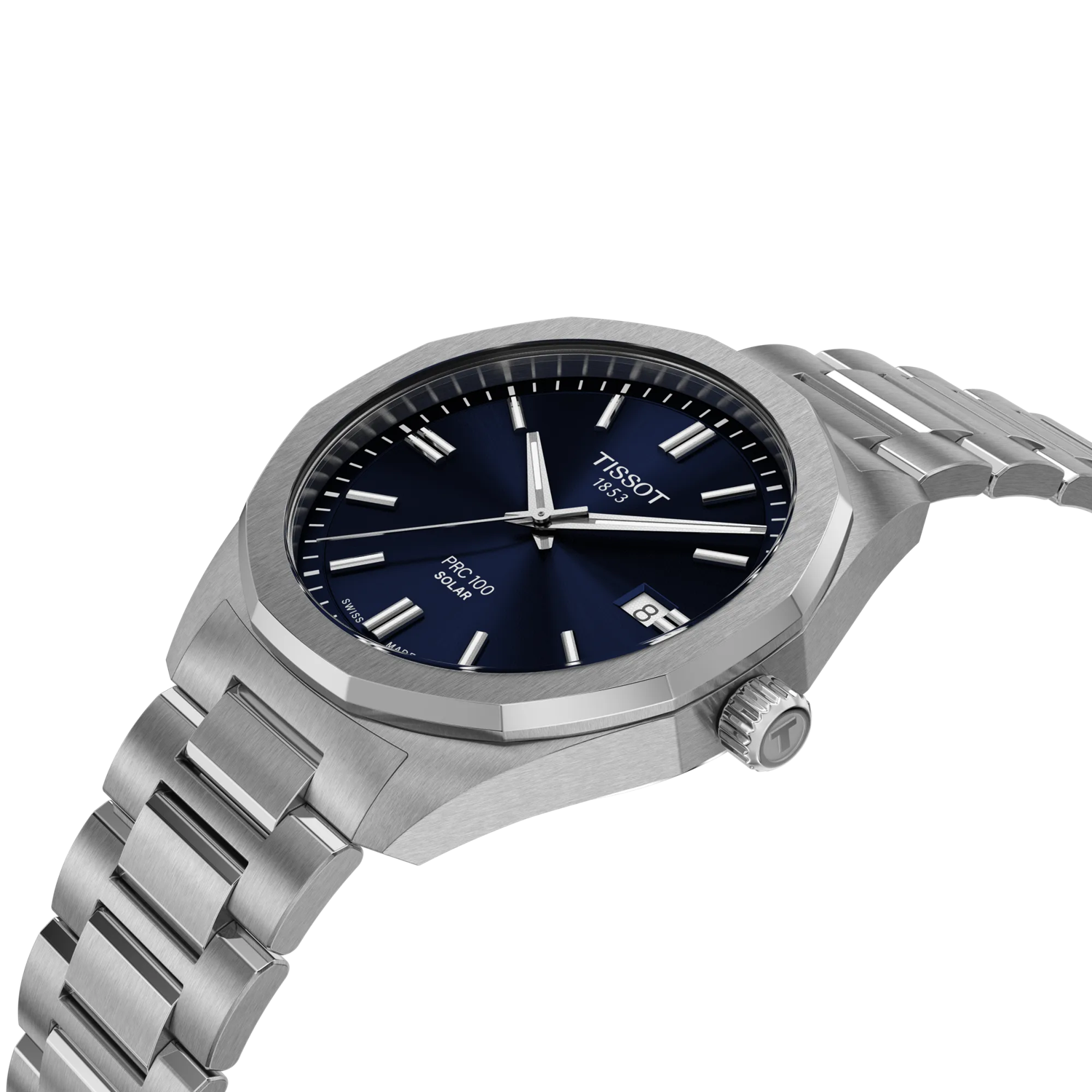 Silver Tissot watch with blue dial on a white background