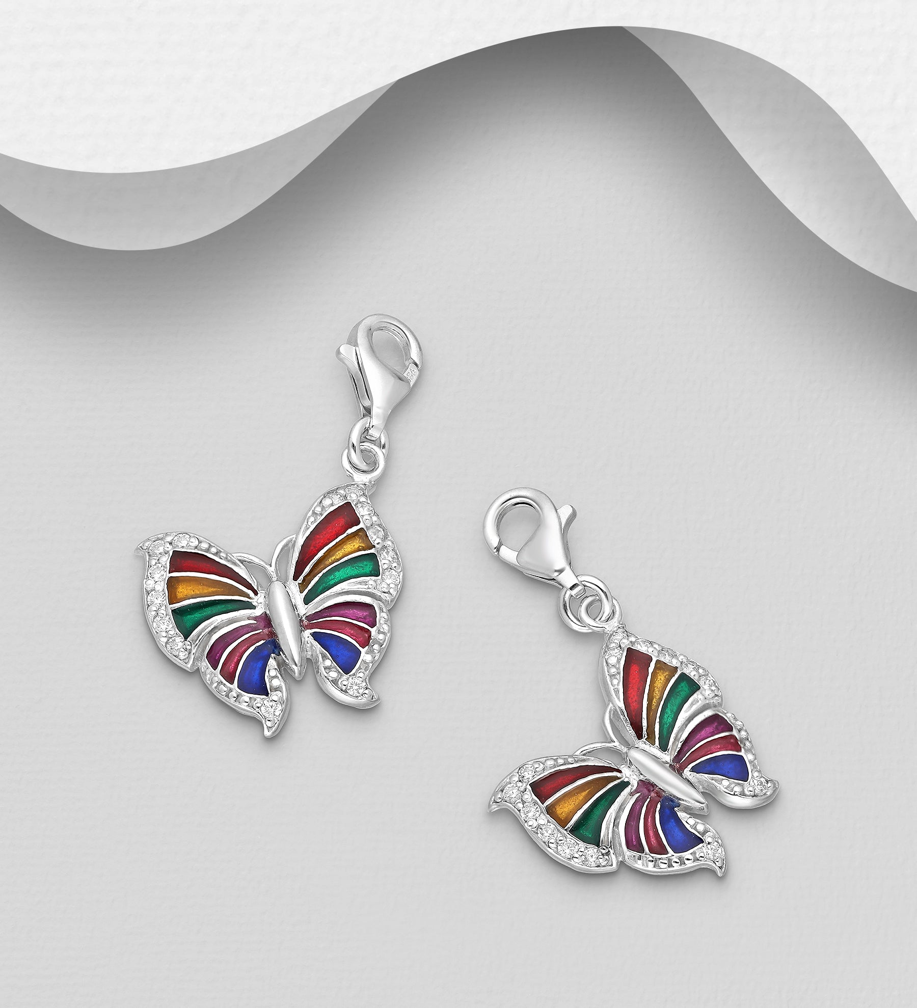 Sterling Silver Butterfly Charm with Colored Enamel & Simulated Diamonds