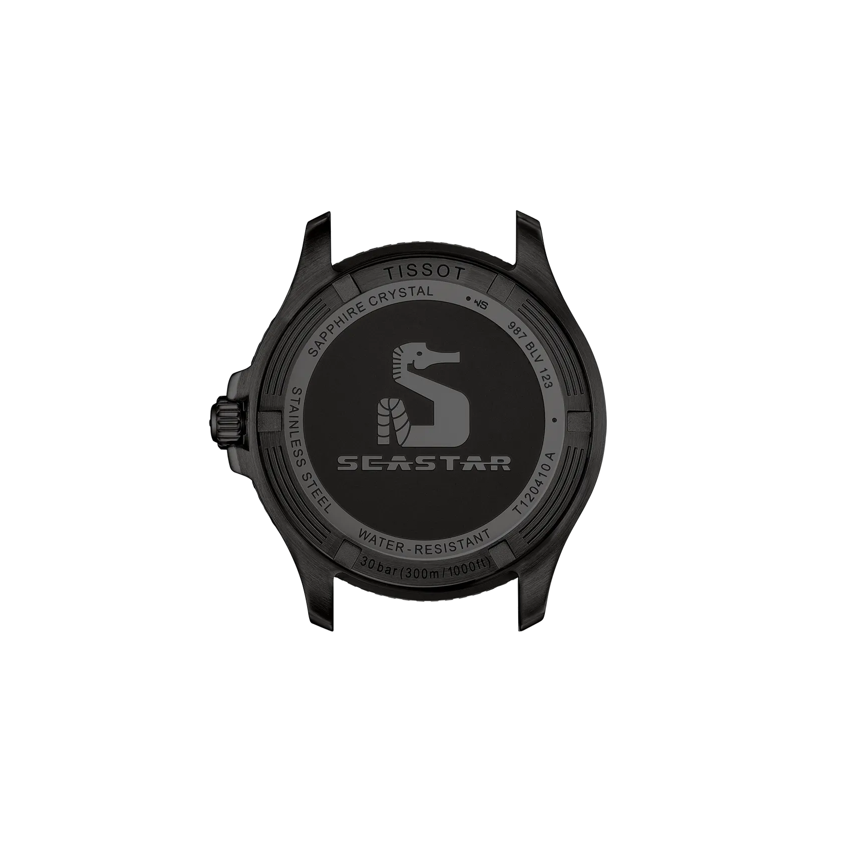 Black Tissot watch caseback with branding on a white background