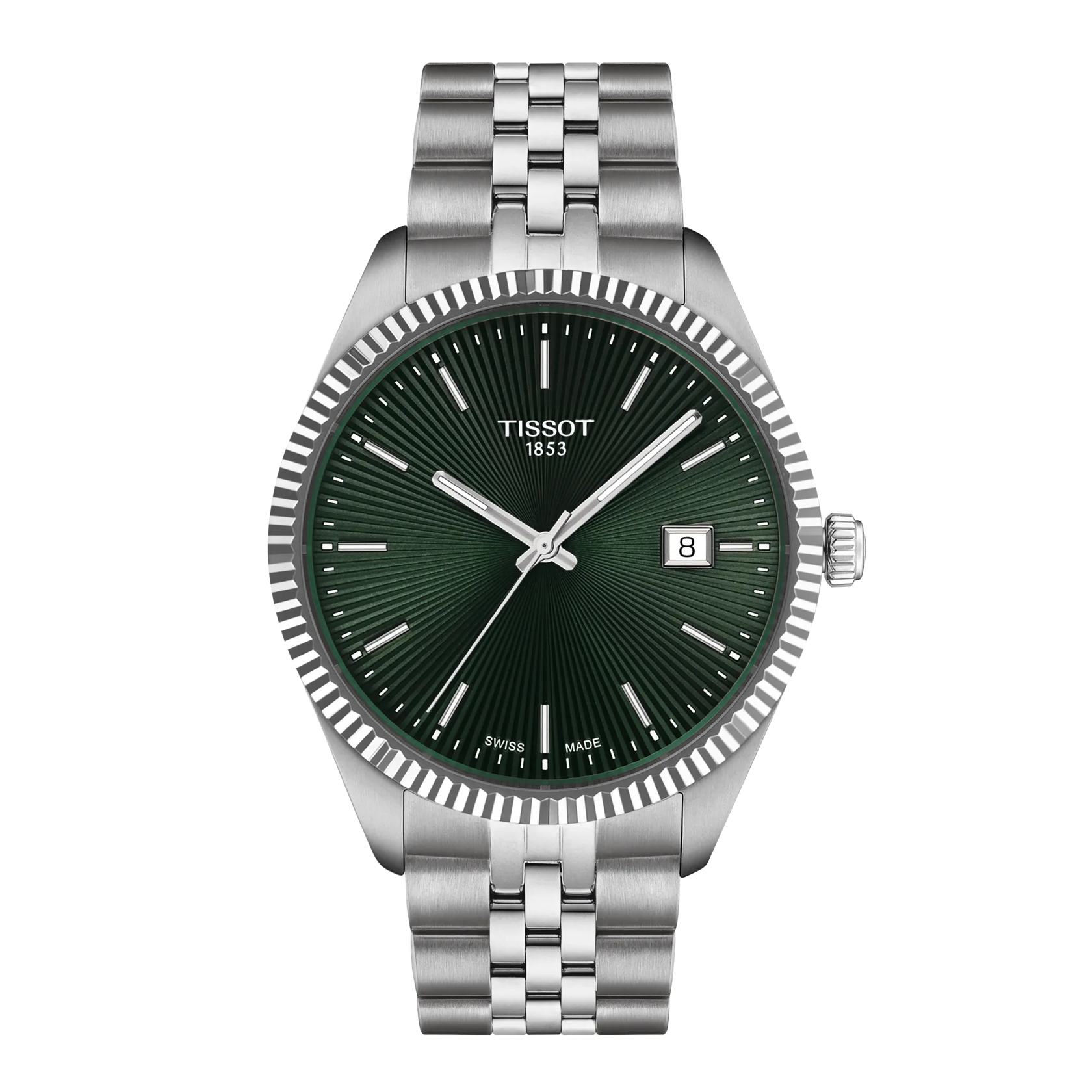 Tissot watch with green dial and silver bracelet on a white background