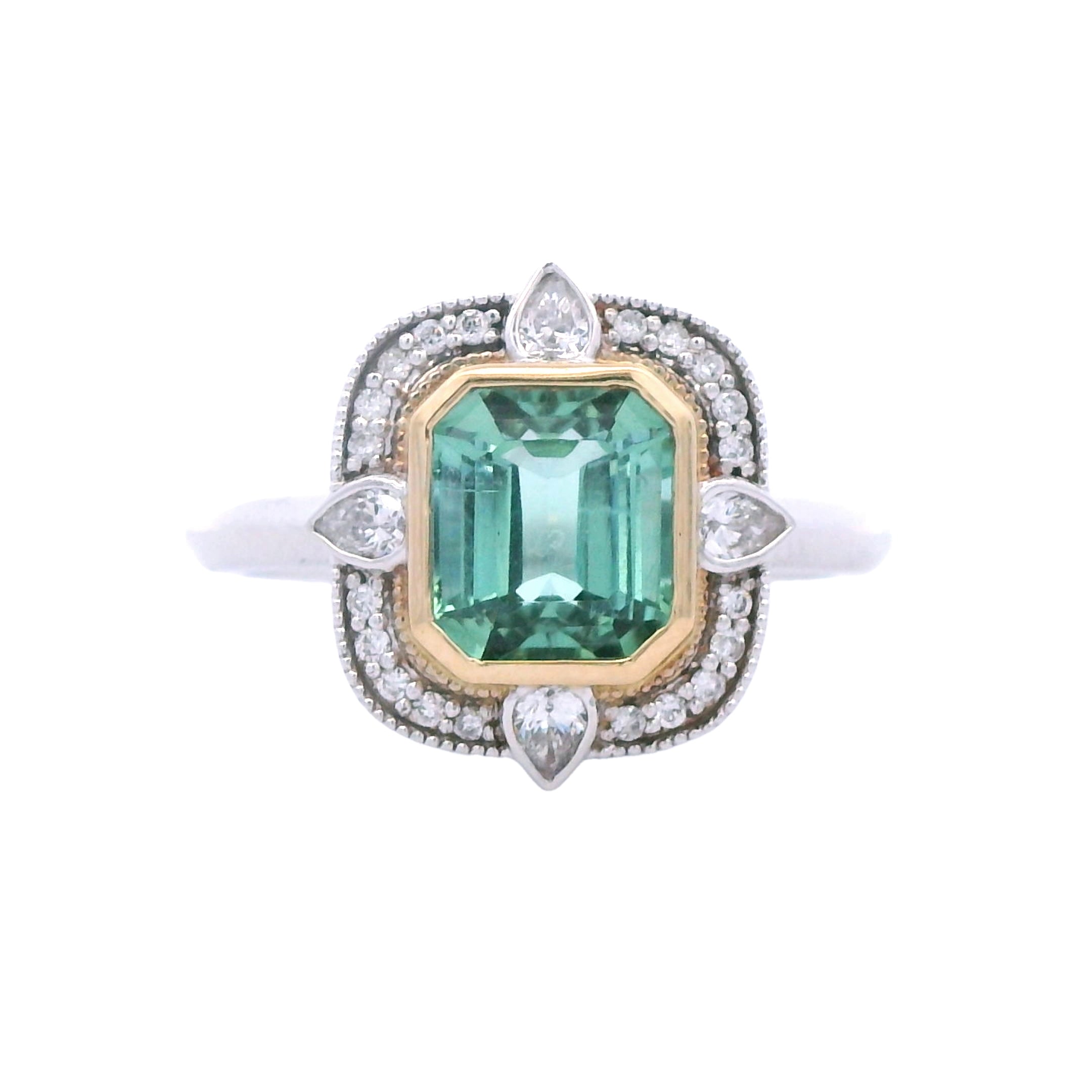 14K Two-Toned Vintage-Inspired Green Tourmaline & Diamond Halo Ring