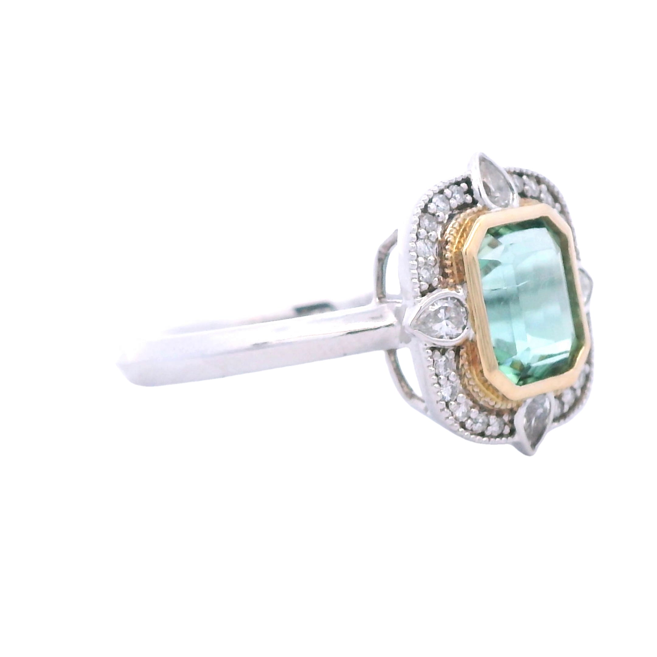 14K Two-Toned Vintage-Inspired Green Tourmaline & Diamond Halo Ring