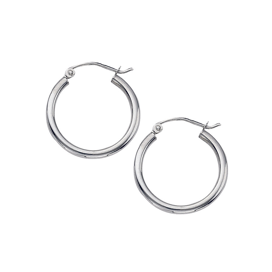 Open side view of 14K White Gold 2x25mm Polished Hoop Earrings