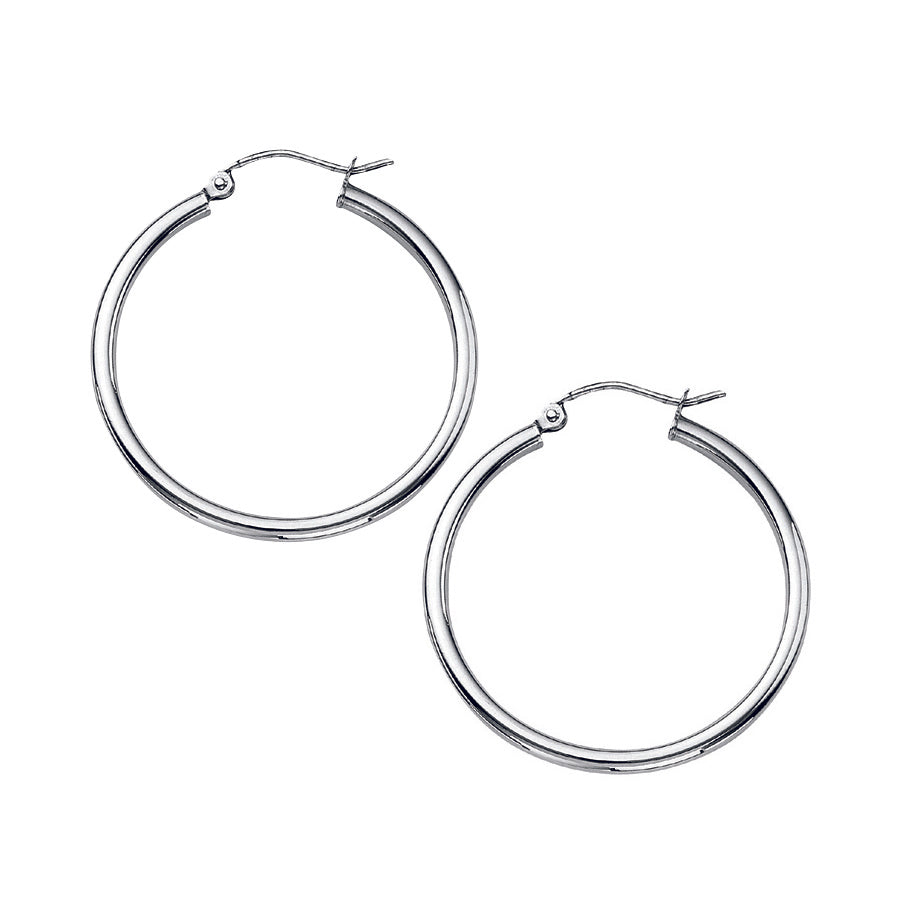 Open Side View of 14K White Gold 2x30mm Polished Hoop Earrings