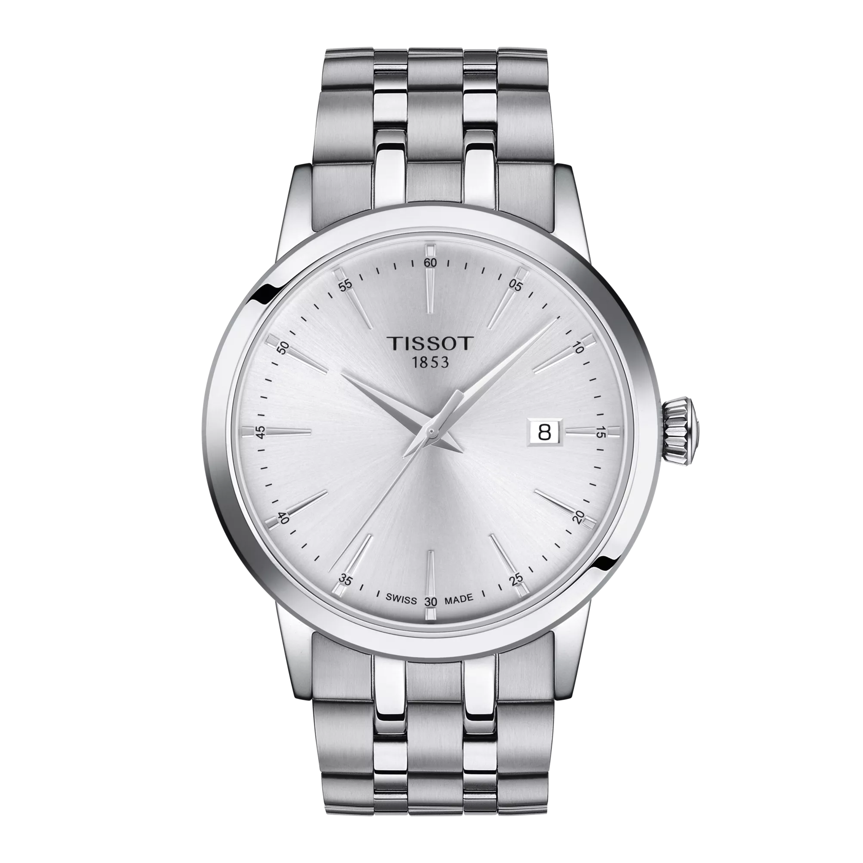 Silver Tissot watch with a white face on a white background