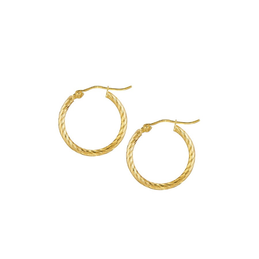 14K Yellow Gold 2x20MM Diamond Cut Twisted Hoops
