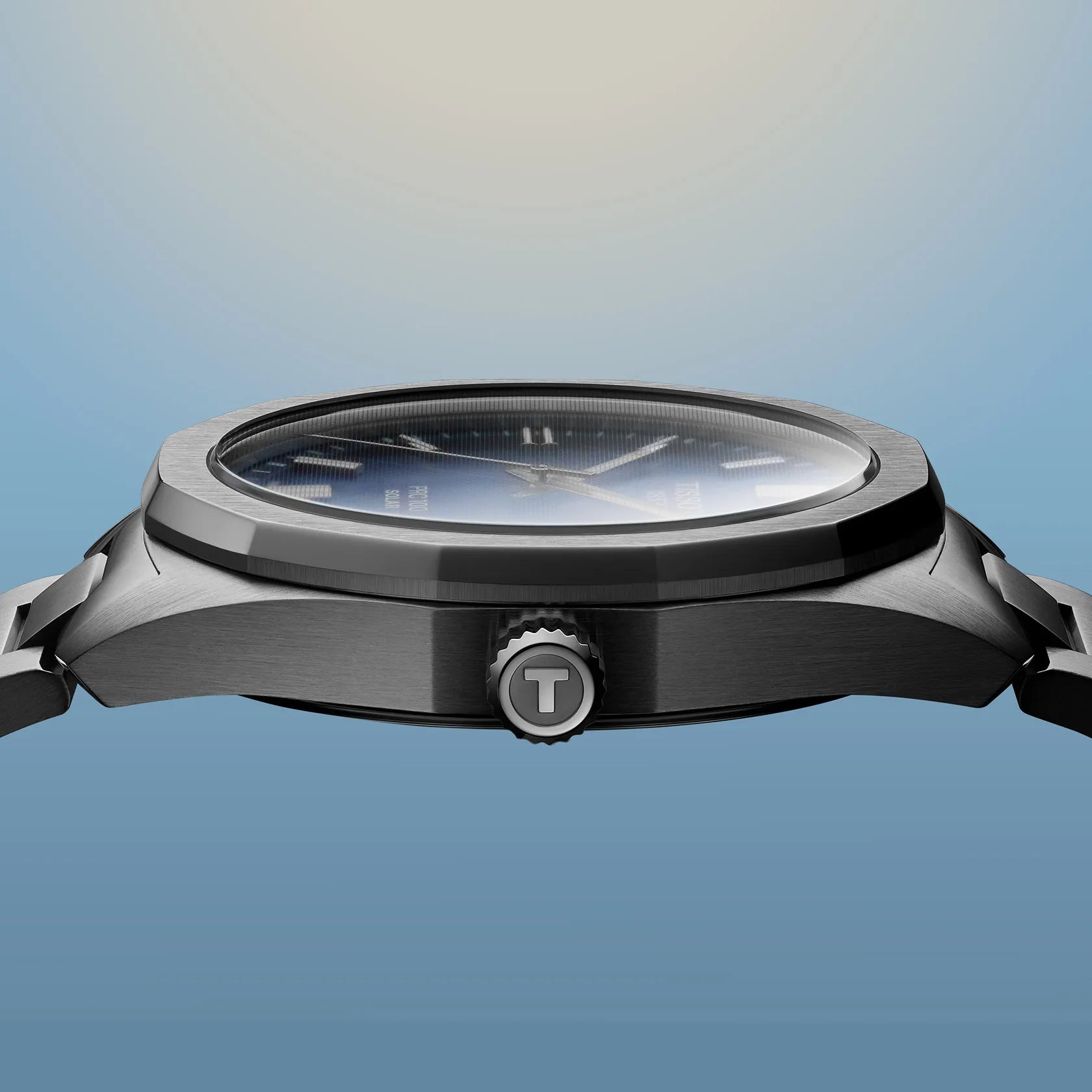 Black wristwatch with a brand logo on a blue gradient background