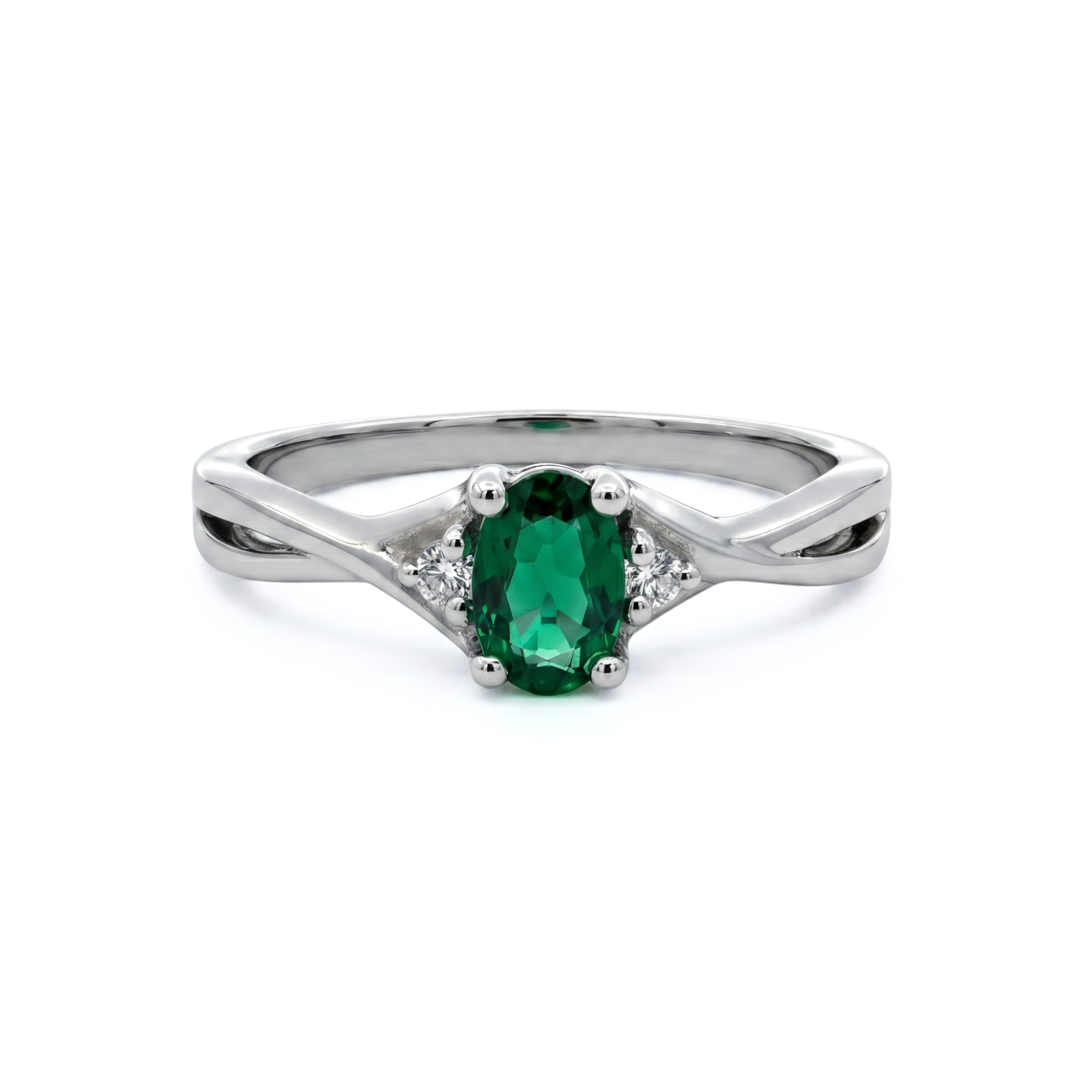 Sterling Silver Oval Created Emerald & Diamond Accented Ring