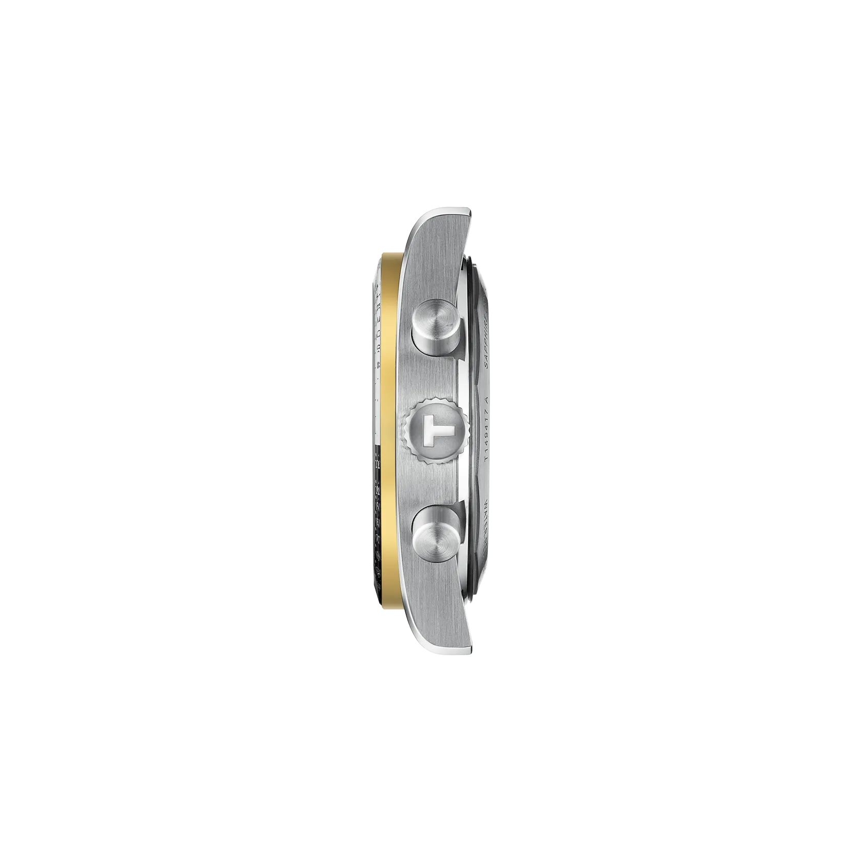 Close-up of a watch with a gold and silver band on a white background