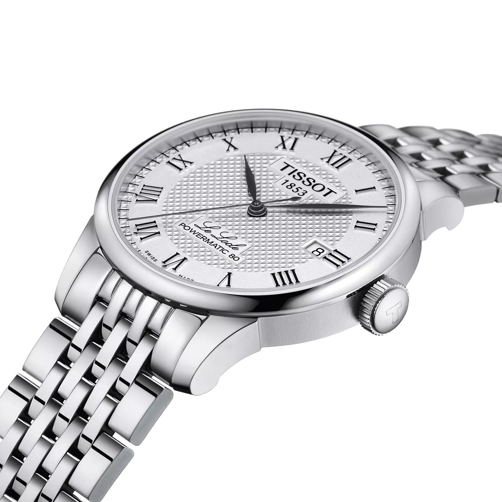 Silver Tissot watch with a white face on a white background
