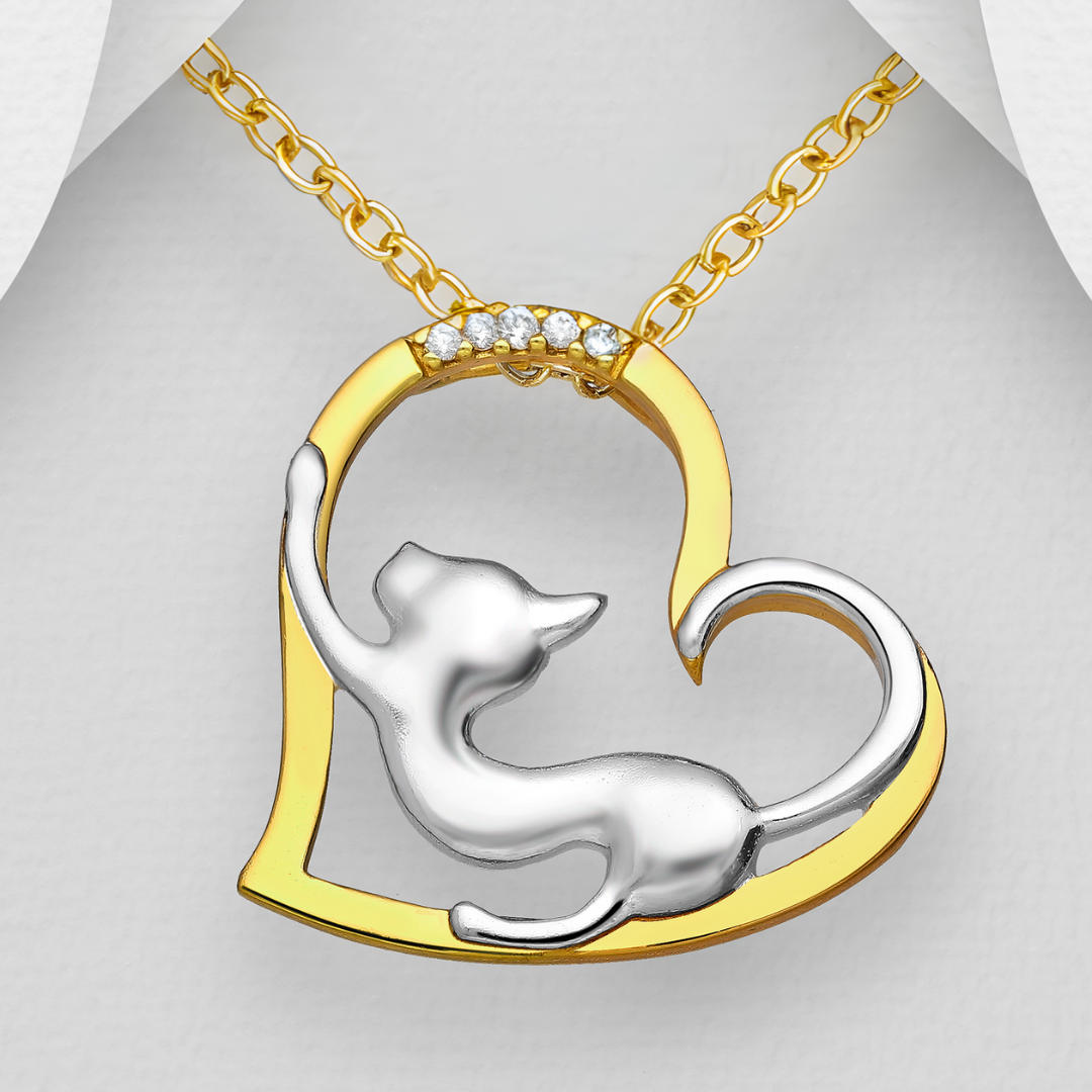 CARA Gold-Plated Cat Heart with CZ Slide Pendant Necklace