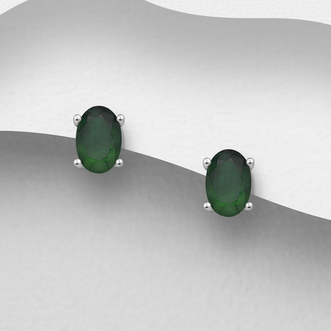 Sterling Silver Oval Emerald Stud Earrings