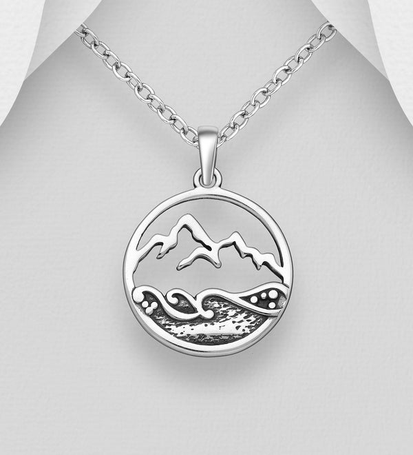 Sterling Silver Mountain and Wave Oxidized Pendant