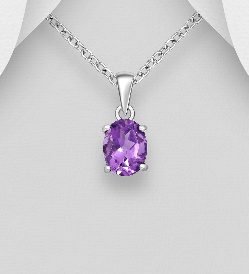 Sterling Silver Amethyst Prong-Set Oval Pendant