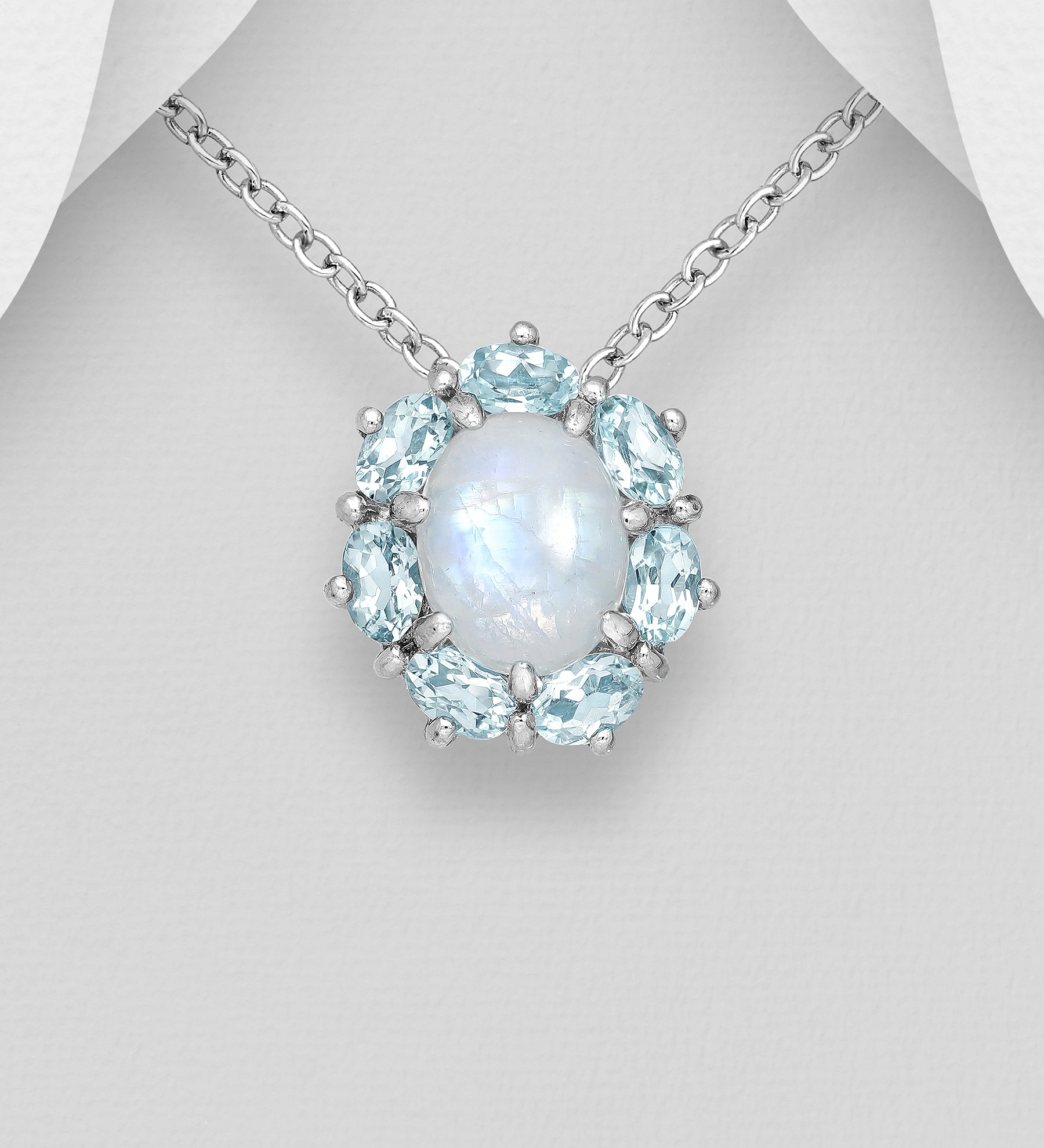 Rainbow Moonstone & Sky Blue Topaz Halo Pendant Slide Necklace