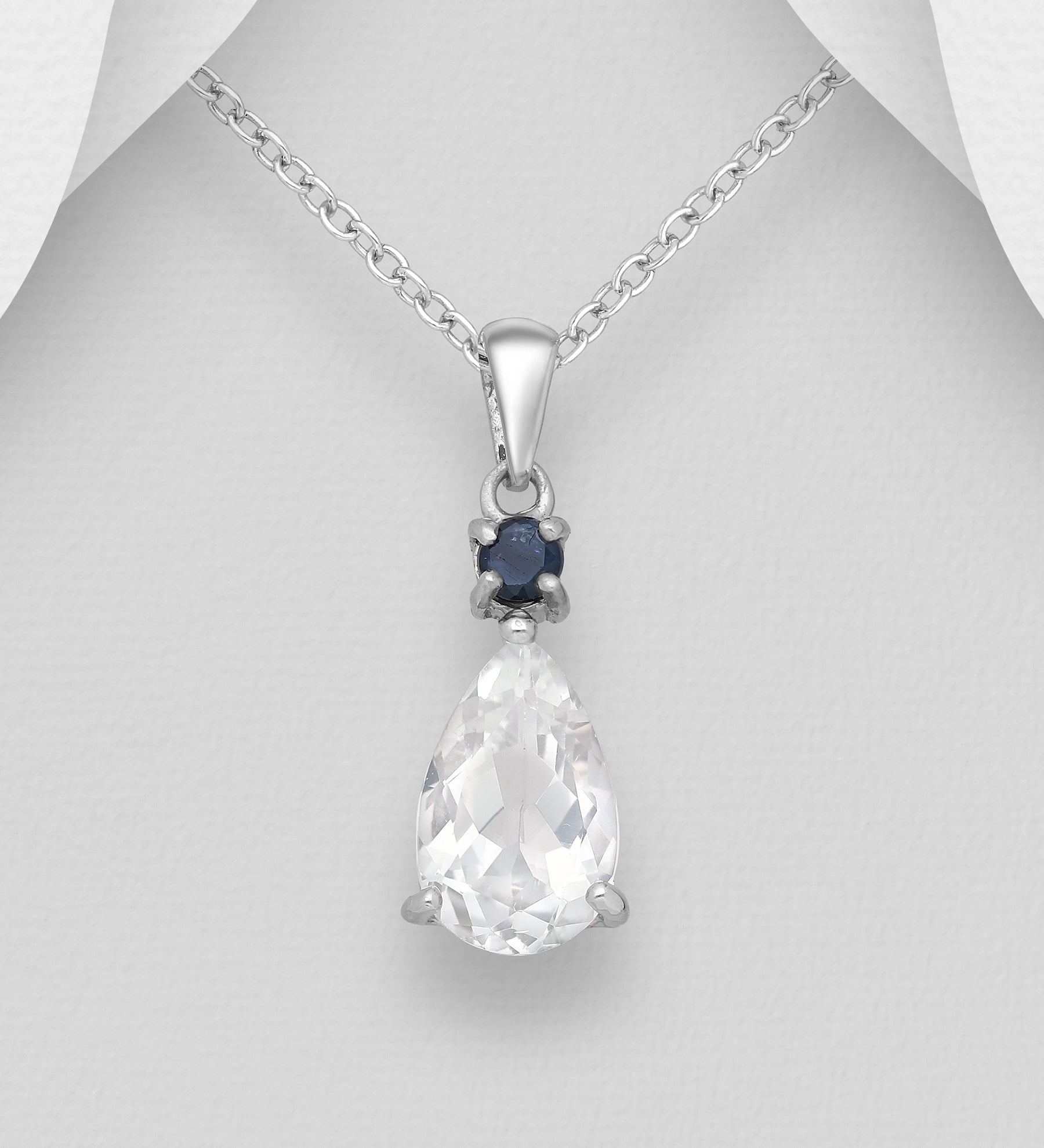 Sterling Silver White Topaz Droplet & Blue Sapphire Pendant
