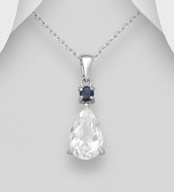 Sterling Silver White Topaz Droplet & Blue Sapphire Pendant