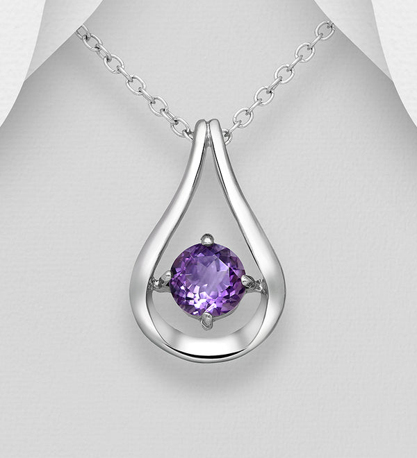 Sterling Silver Round Amethyst & Silver Droplet Pendant