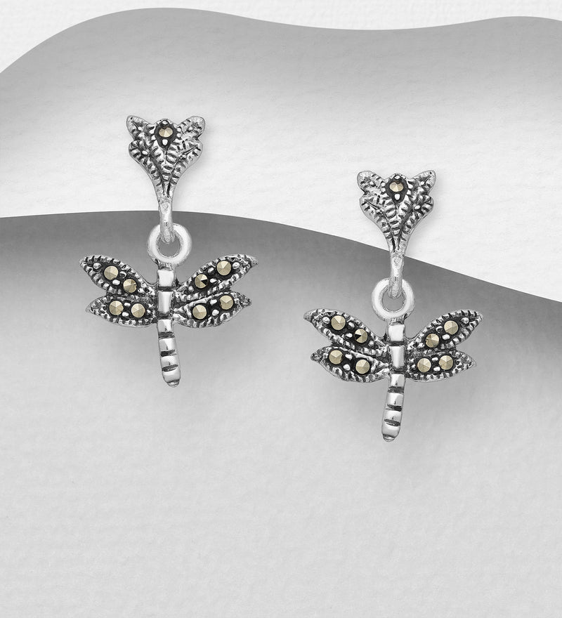 Sterling Silver Marcasite Embellished Dragonfly Dangle Stud Earrings