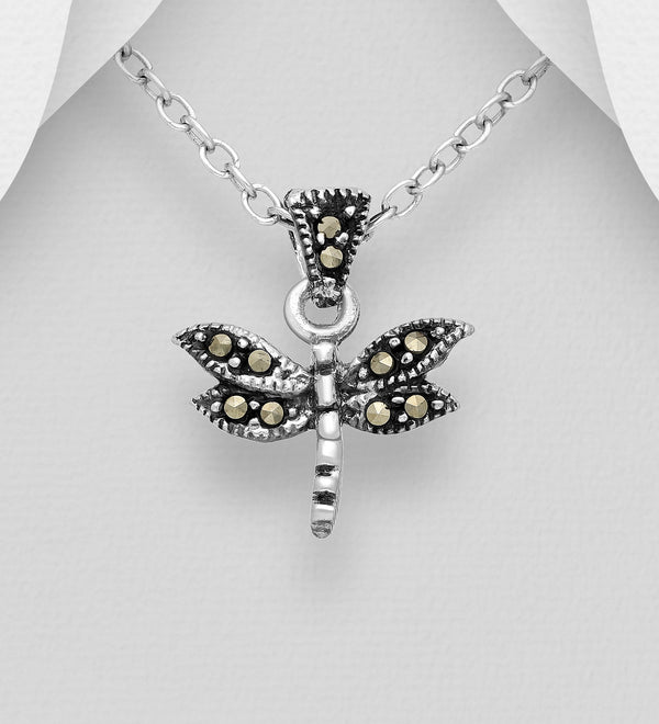 Sterling Silver Marcasite Embellished Dragonfly Pendant Necklace