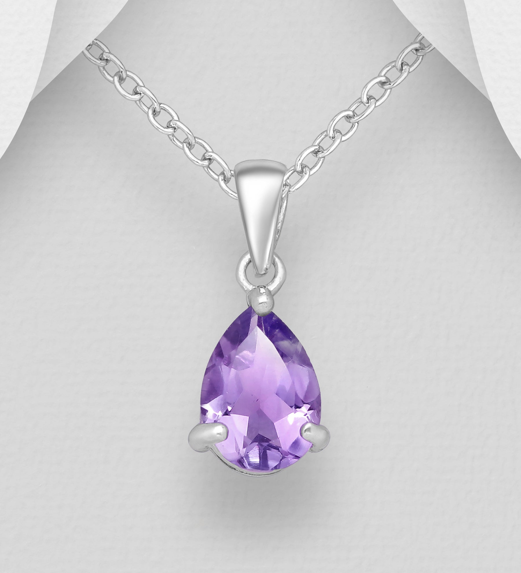 Sterling Silver Amethyst Prong-Set Teardrop Pendant Necklace