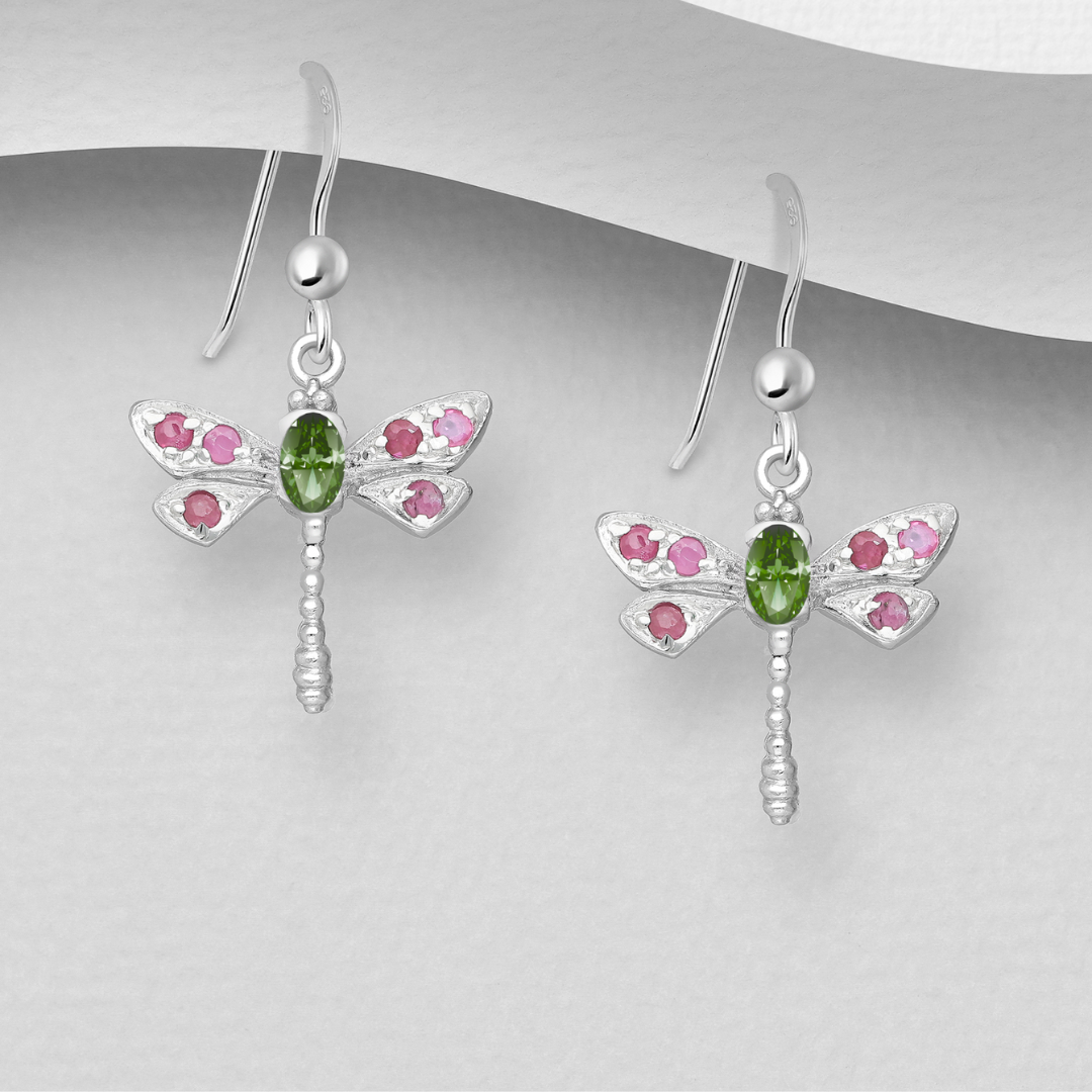 Sterling Silver Peridot & Pink Tourmaline Dragonfly Earrings