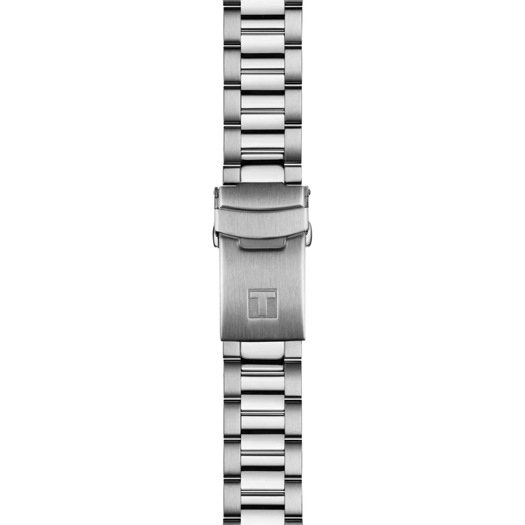 Silver watch strap with clasp on a white background