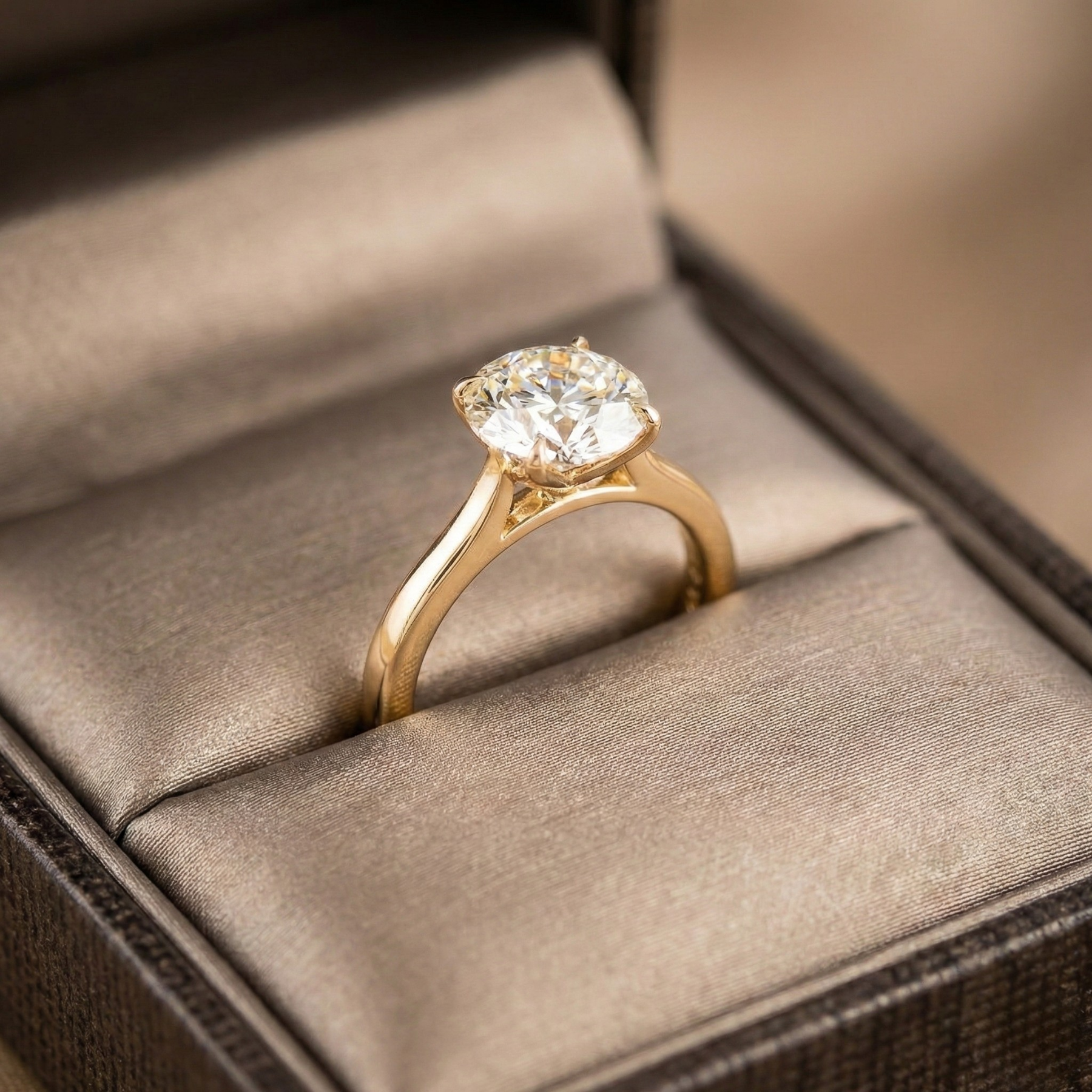 Gold ring with a large diamond on a soft fabric surface