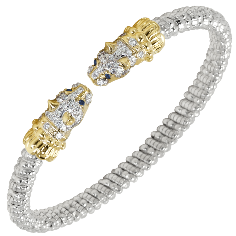 VAHAN Sterling Silver & 14K Yellow Gold 0.65CTW. Diamond 4MM Stackable Cuff Bracelet With Blue Sapphire Jaguar Motif