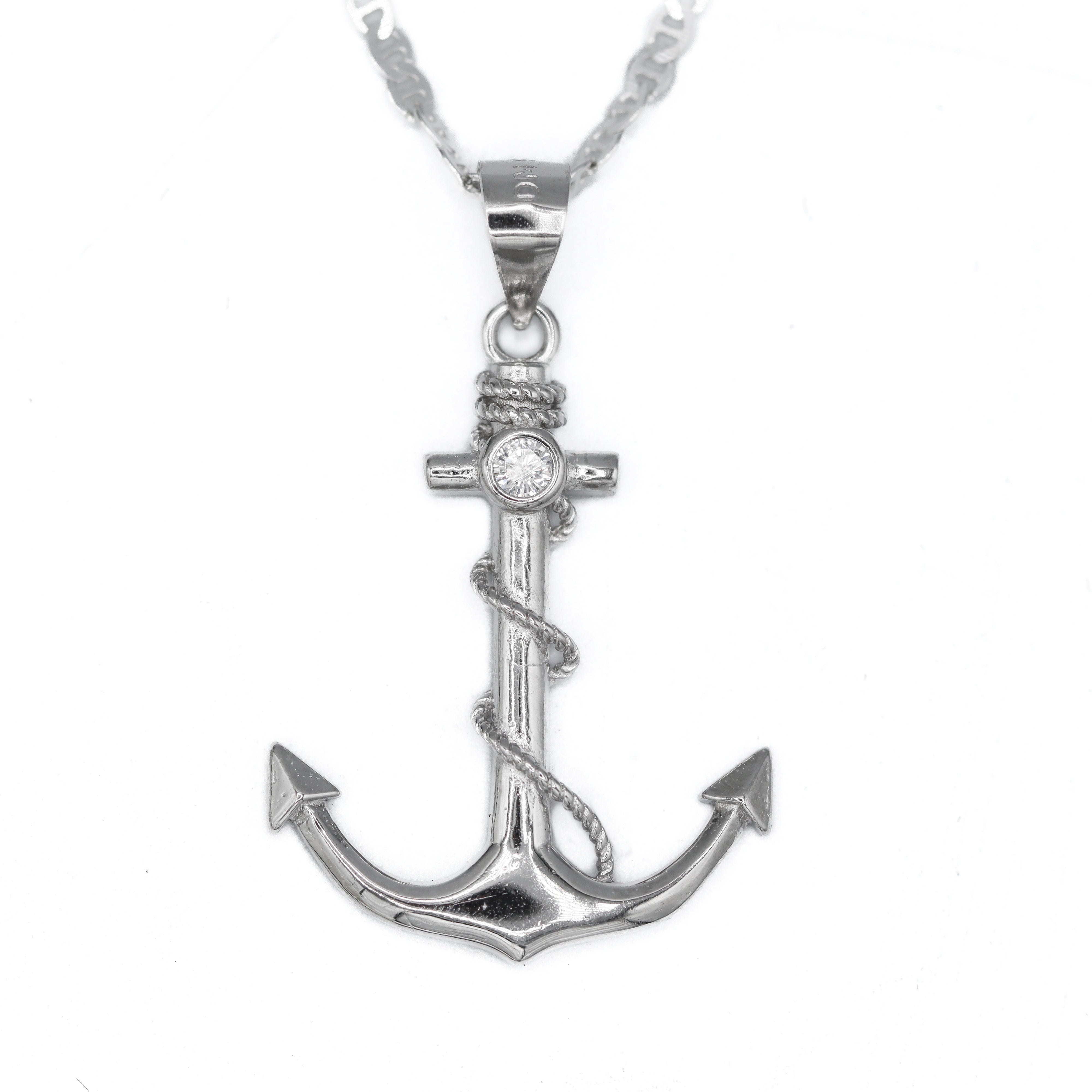 Sterling Silver Created White Sapphire Anchor Pendant Necklace