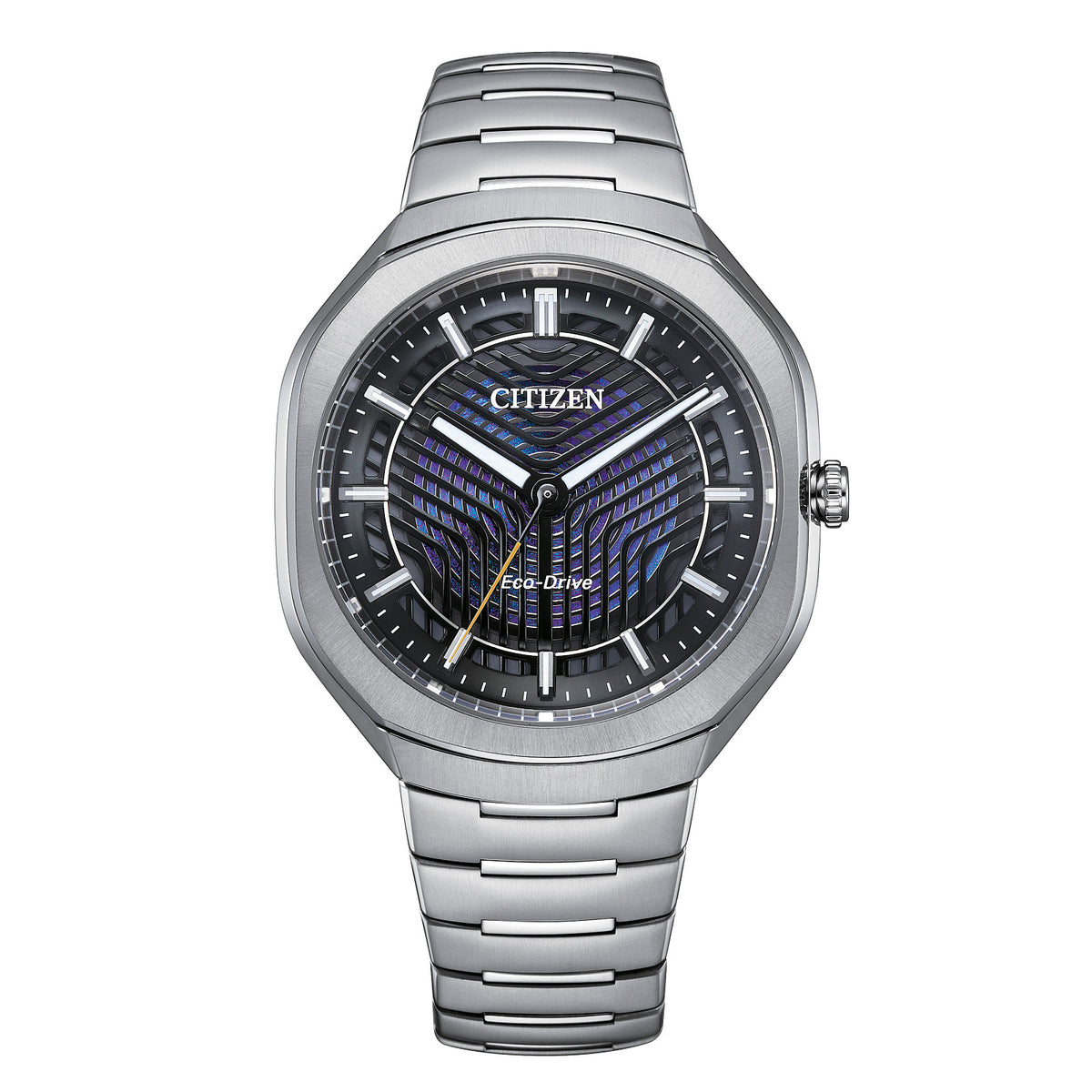 Front view of Citizen BJ6560-53W Eco-Drive PHOTON with silver-tone Super Titanium bracelet, layered black dial with blue-purple detail and yellow seconds hand.