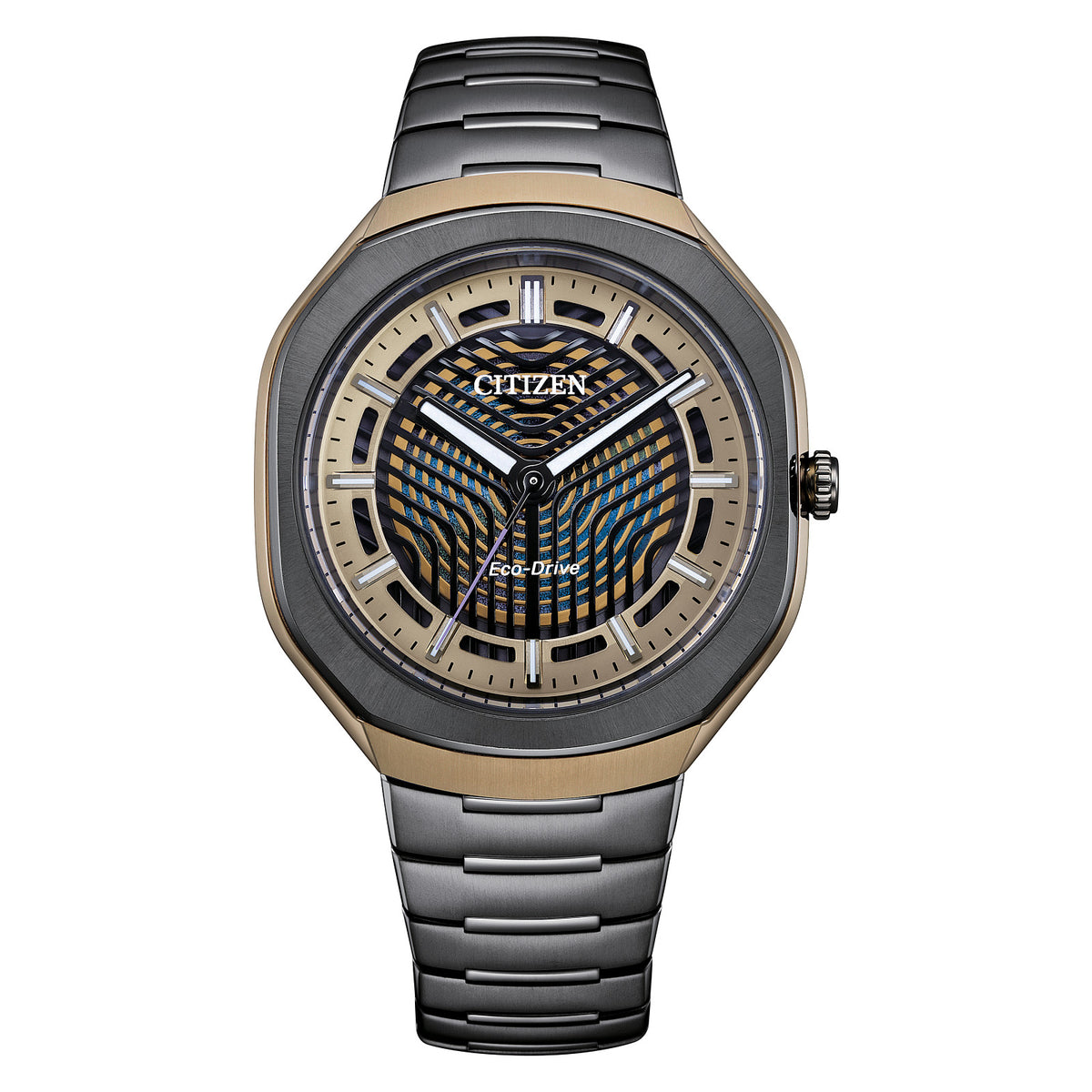 Front view of Citizen BJ6569-59X Eco-Drive PHOTON watch with layered black and amber dial, purple seconds hand and black Super Titanium bracelet.
