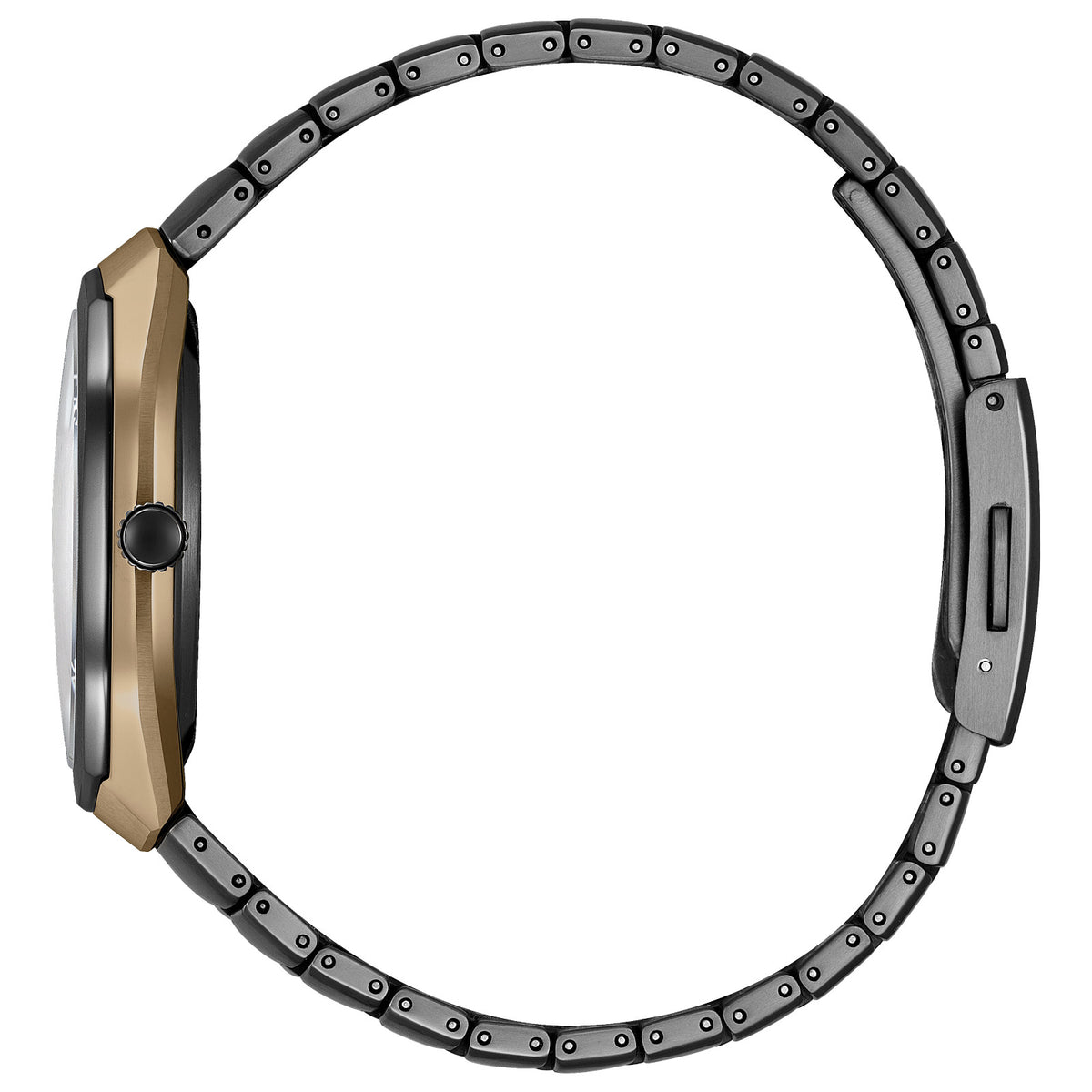 Side profile of Citizen BJ6569-59X Eco-Drive PHOTON showing the amber-tone case, black crown and integrated black titanium bracelet.