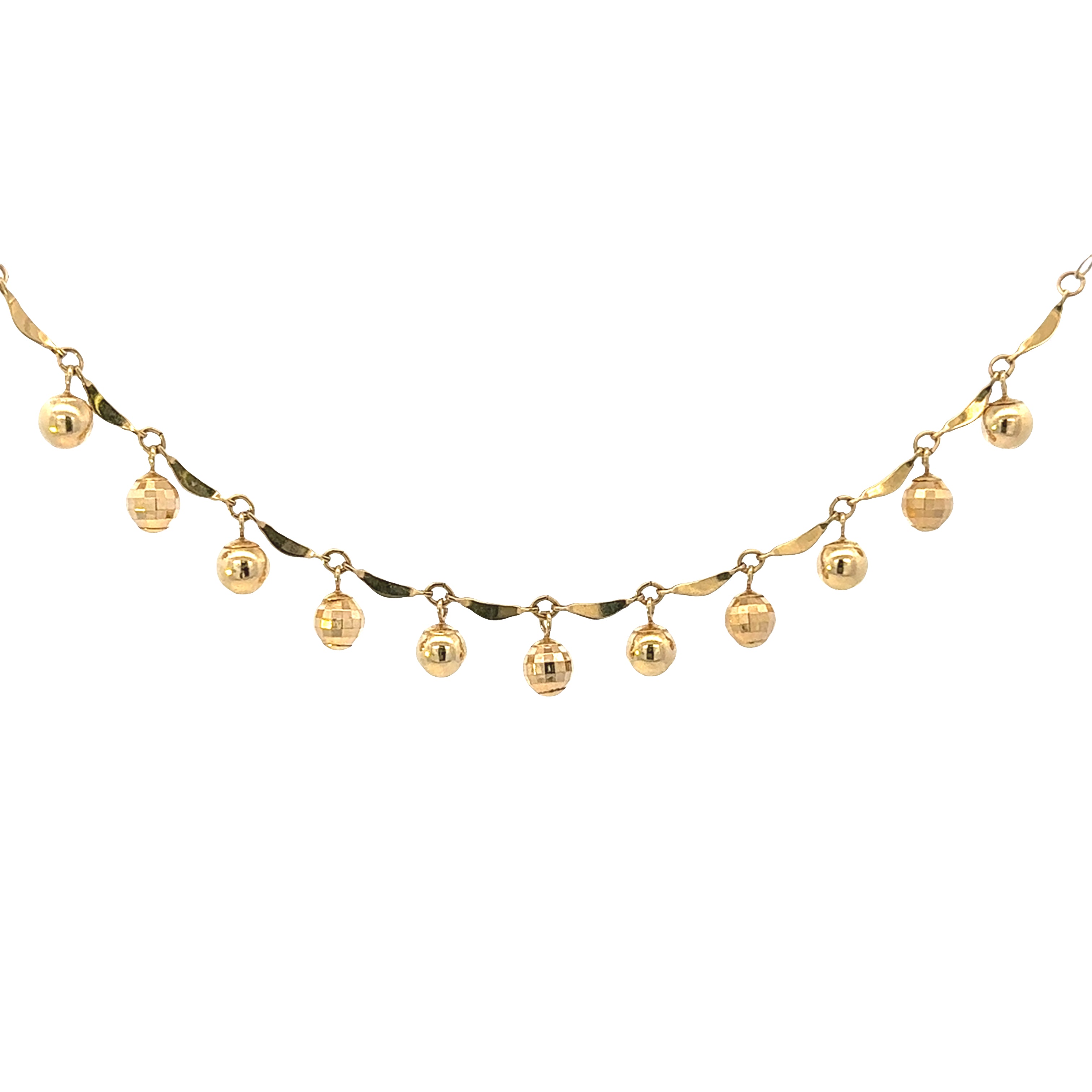 Gold necklace with round pendants on a white background
