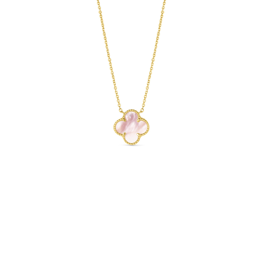 14K Yellow Gold Italian Pink Mother of Pearl Clover  Necklace