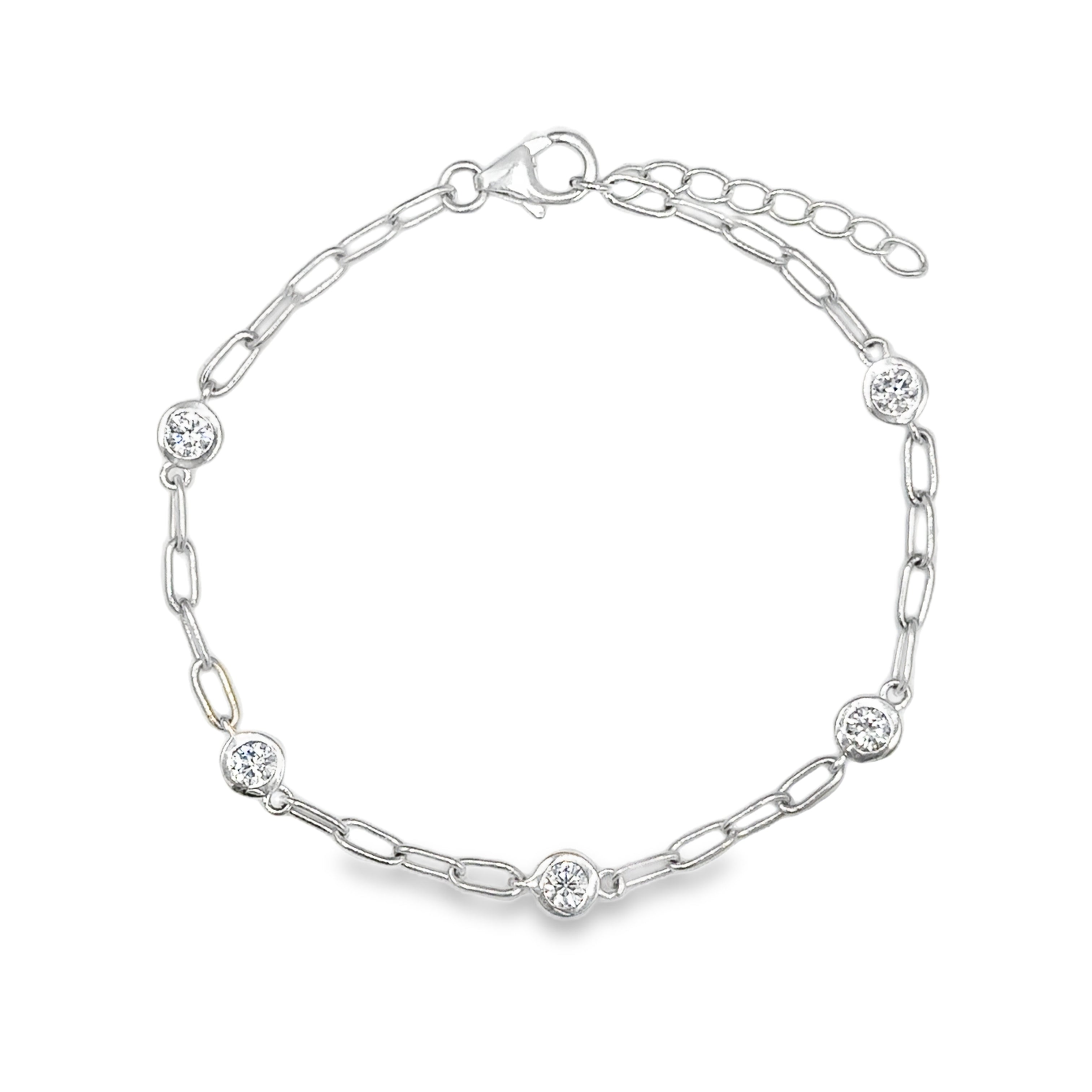 Sterling Silver 0.50CTW. Bezel Set Lab-Grown Diamond Paperclip Link Station Bracelet on a white background