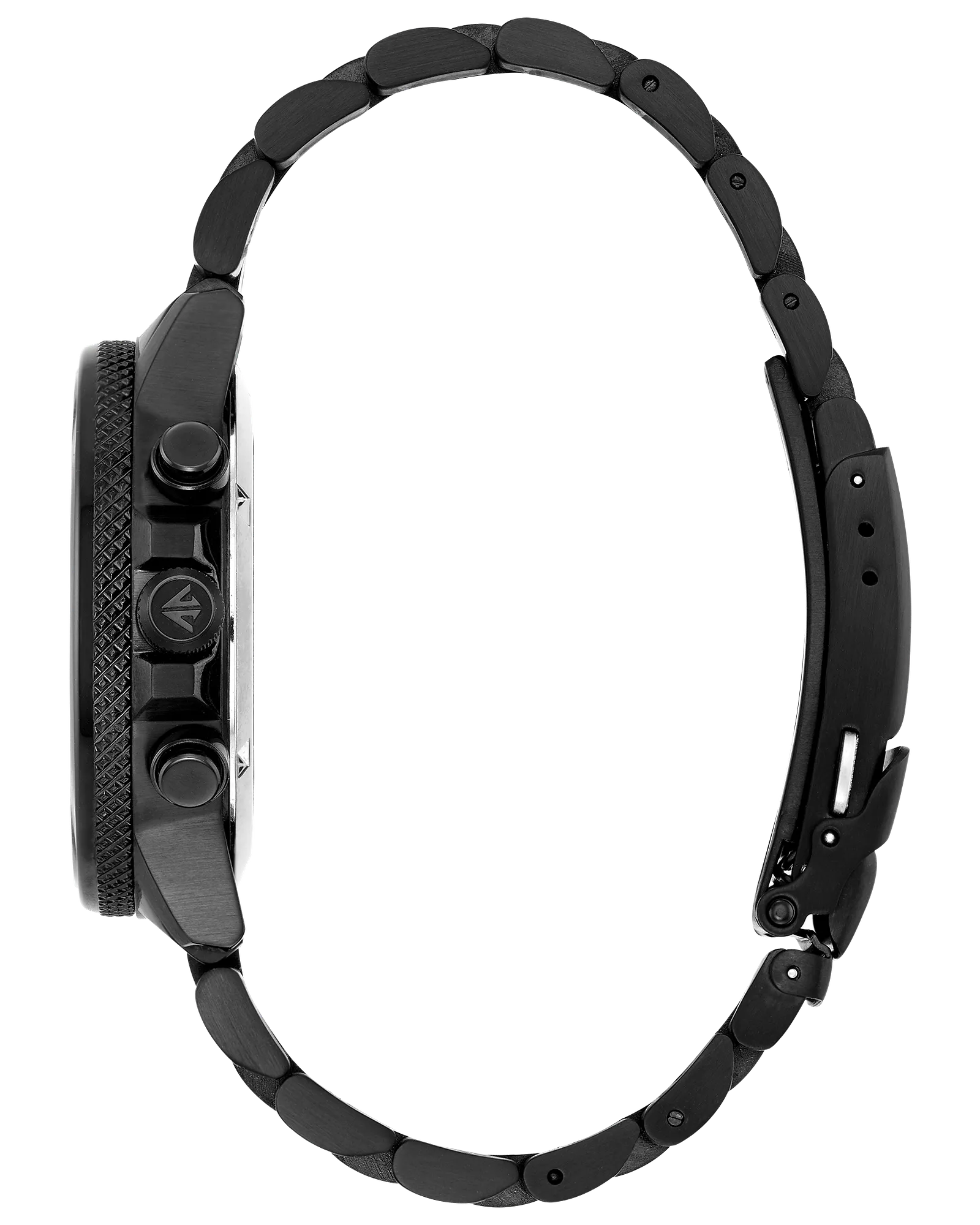 Black wristwatch with detailed design on a white background