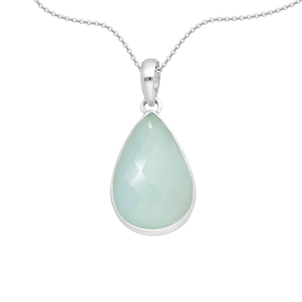 Pear-Cut Faceted Soft-Seafoam-Green Chalcedony gemstone set in a sterling silver bezel setting hanging from a cable chain.