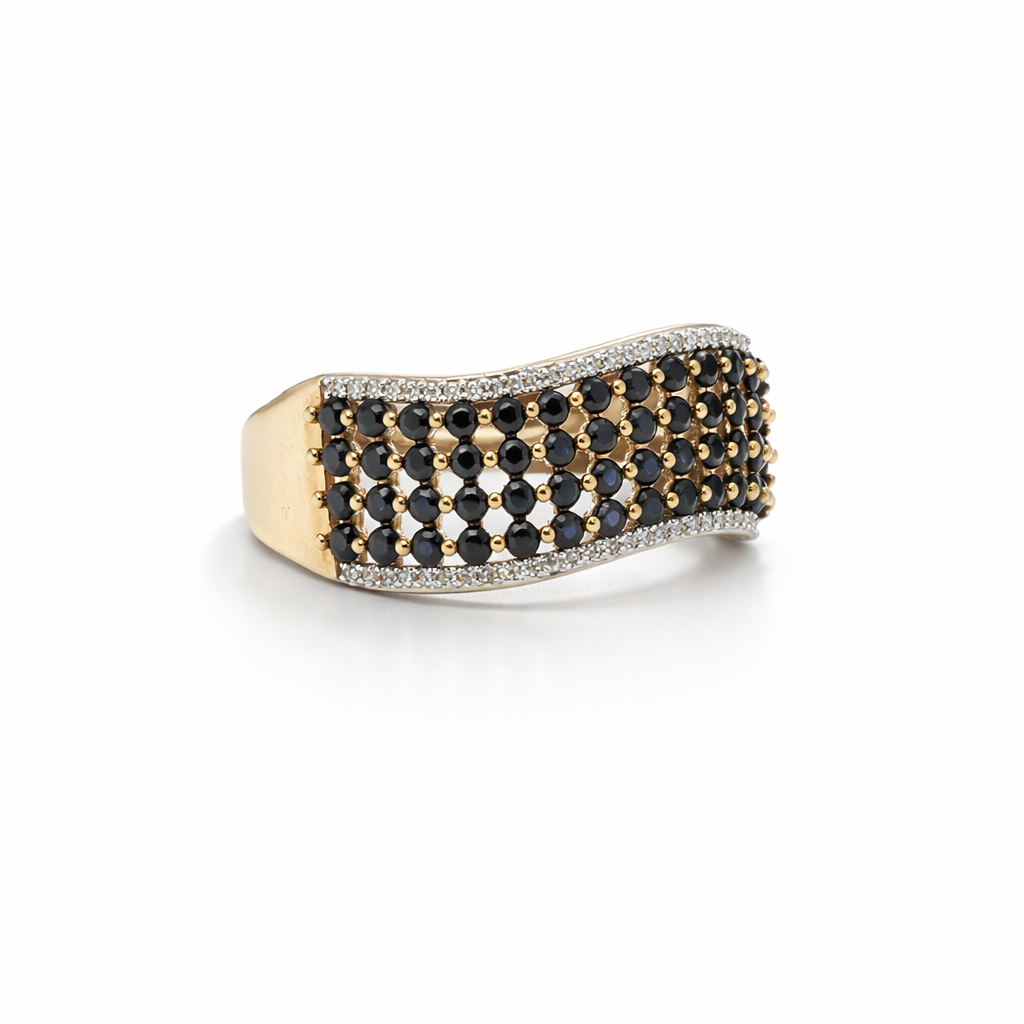 10K Yellow Gold Blue Sapphire and Diamond Wave Ring
