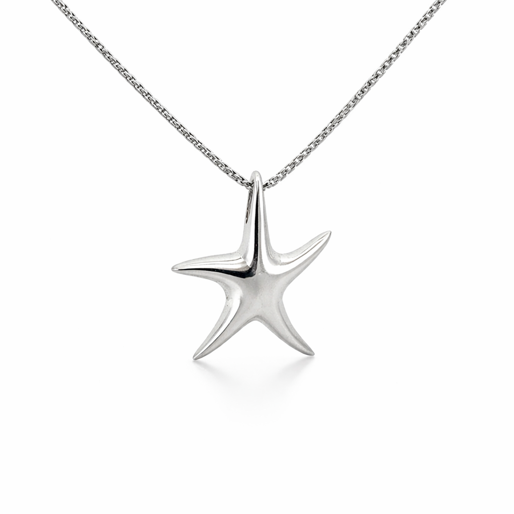 Silver star-shaped pendant on a chain against a white background
