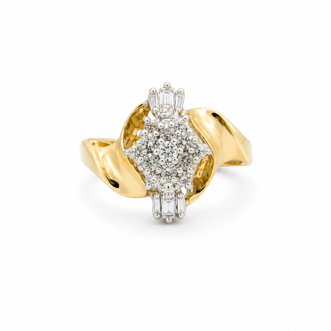 Gold ring with diamond accents on a white background