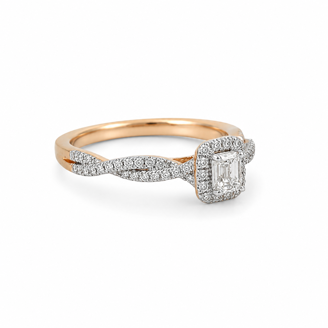 Rose gold and diamond ring on a white background