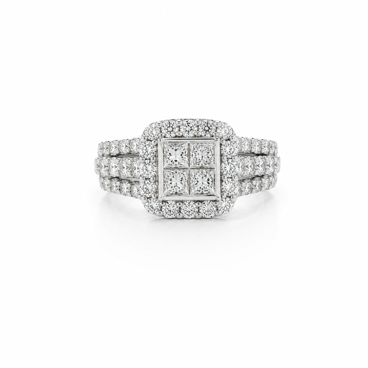 Diamond ring with a square center stone on a white background